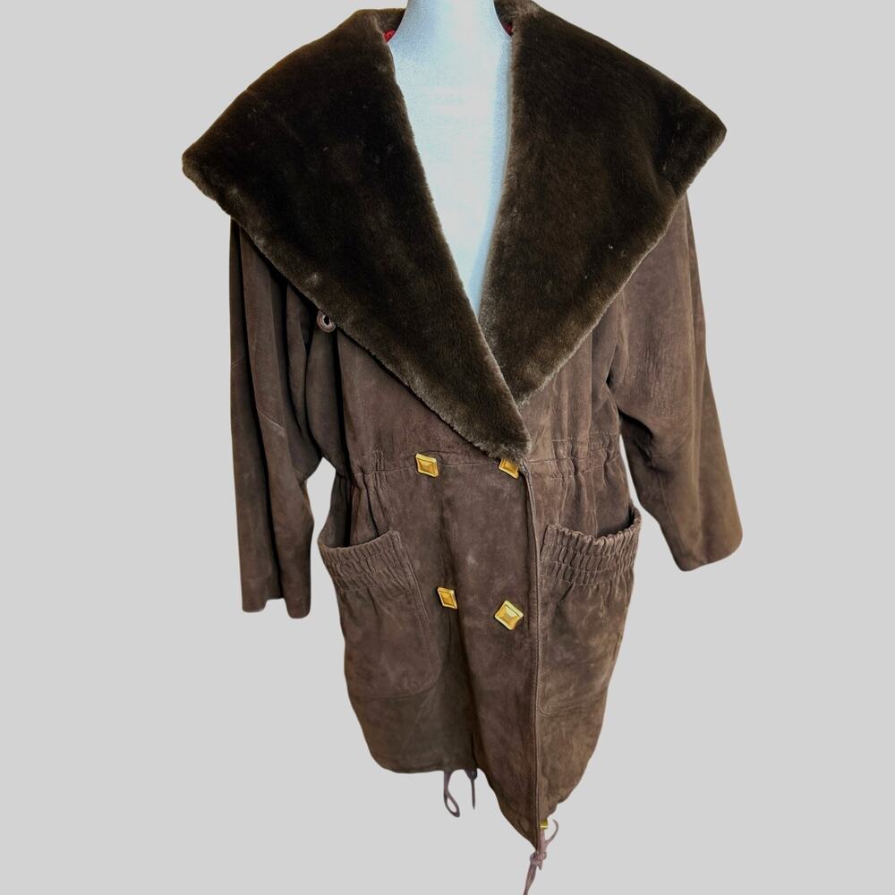 Vintage Leather &‎ Faux Fur Hooded Jacket Cinch Waist Chocolate Brown